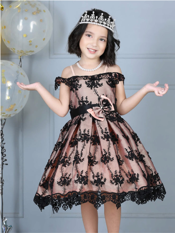 Victorian Net Embroidery Off Shoulder Party Dress with Bow Belt