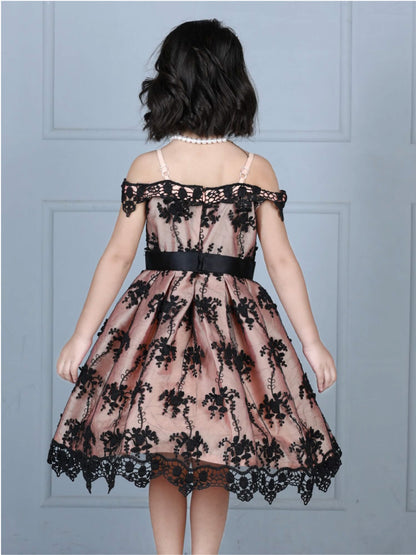 Victorian Net Embroidery Off Shoulder Party Dress with Bow Belt