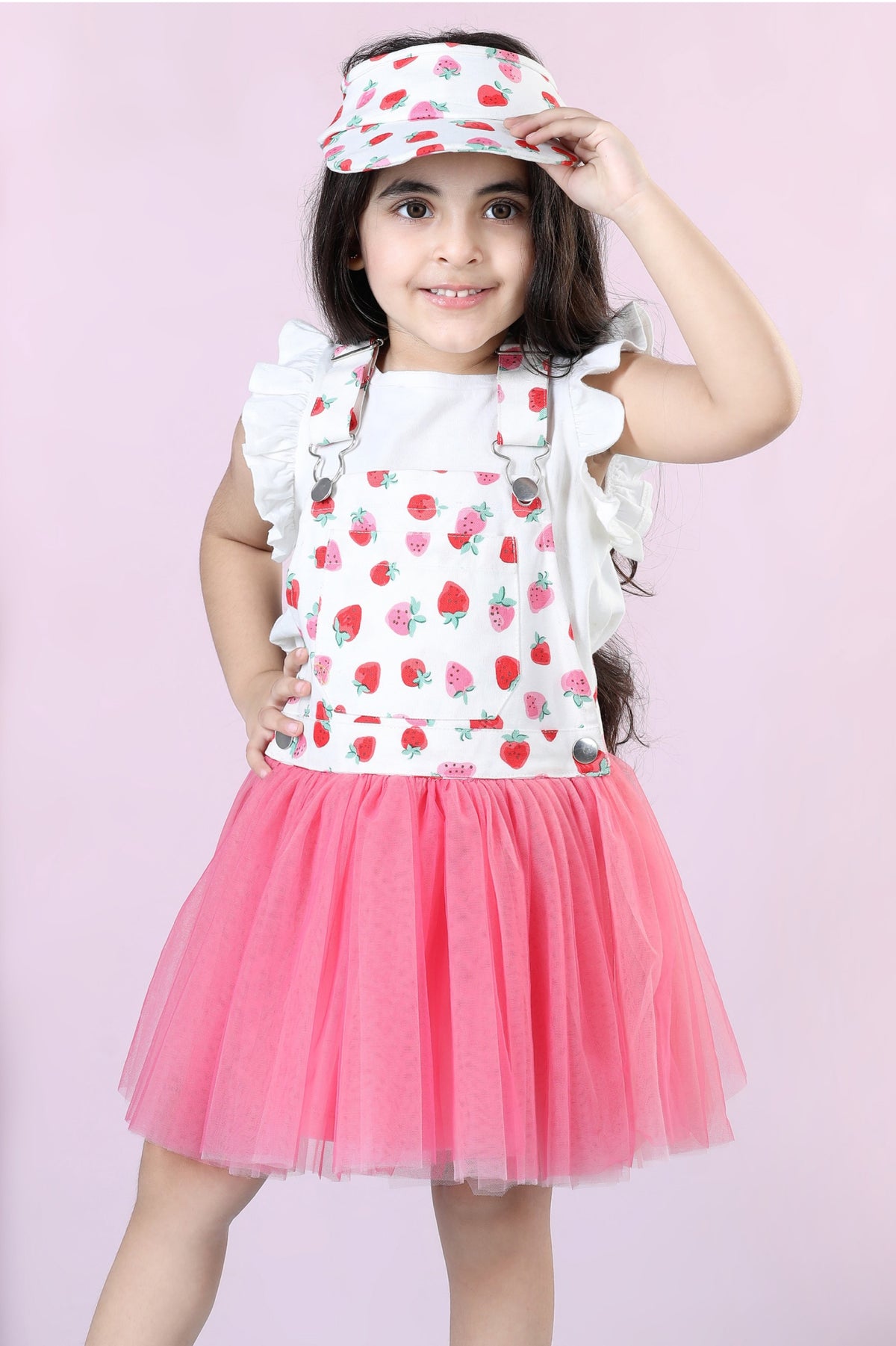 Strawberry Bliss Dungaree Net Dress Cord Set (with Matching Sun Hat)