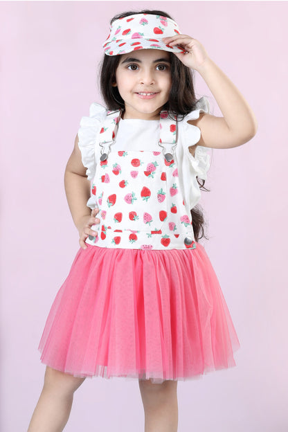 Strawberry Bliss Dungaree Net Dress Cord Set (with Matching Sun Hat)