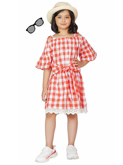 Coral Gingham Charm Cold-Shoulder Tie Dress