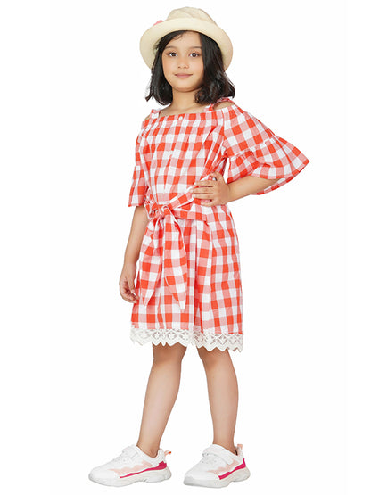 Coral Gingham Charm Cold-Shoulder Tie Dress