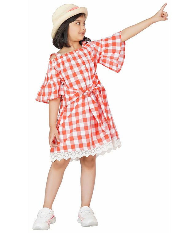 Coral Gingham Charm Cold-Shoulder Tie Dress