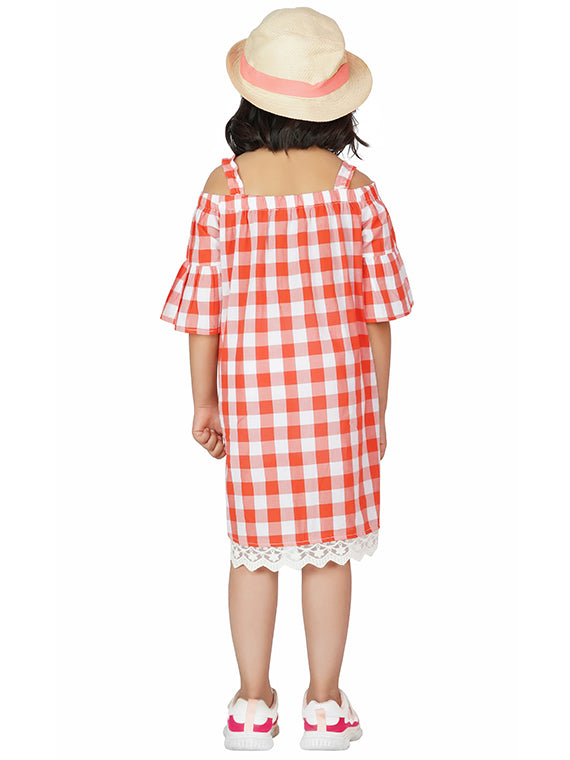 Coral Gingham Charm Cold-Shoulder Tie Dress