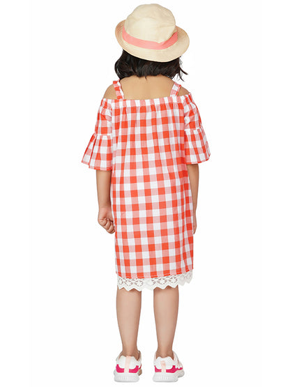 Coral Gingham Charm Cold-Shoulder Tie Dress