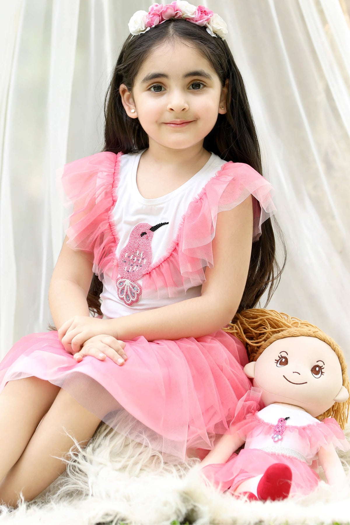 Enchanted Hummingbird Beaded Pink Tulle Skirt and Top Set (with Matching Doll Outfit)